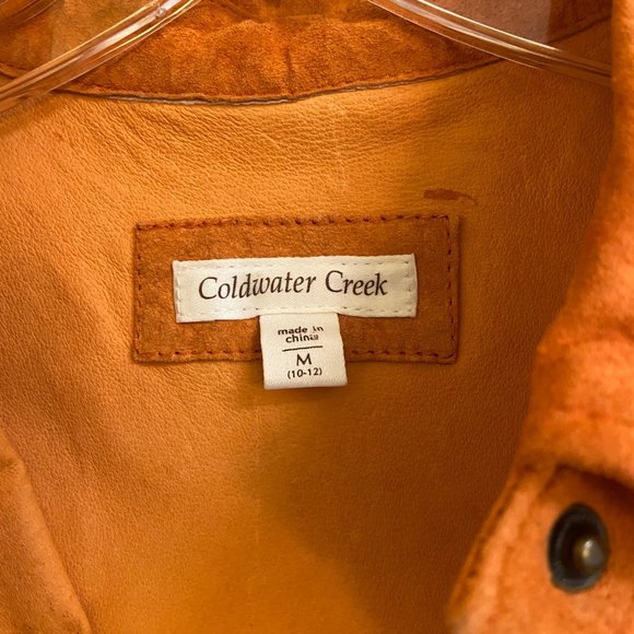 Coldwater Creek Shirt Women's Medium Orange 100% Leather Snap Closure Shacket - Picture 7 of 9